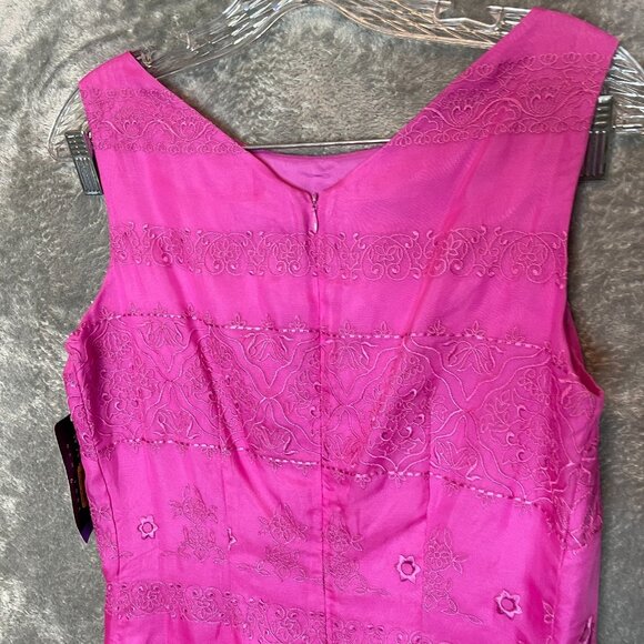 Vtg David Warren Women Embroidered Retro 60s Fuchsia Pink Silk Sheath Dress 6 - Picture 7 of 12